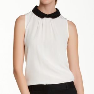 Kate Spade off white silk top w black lace collar